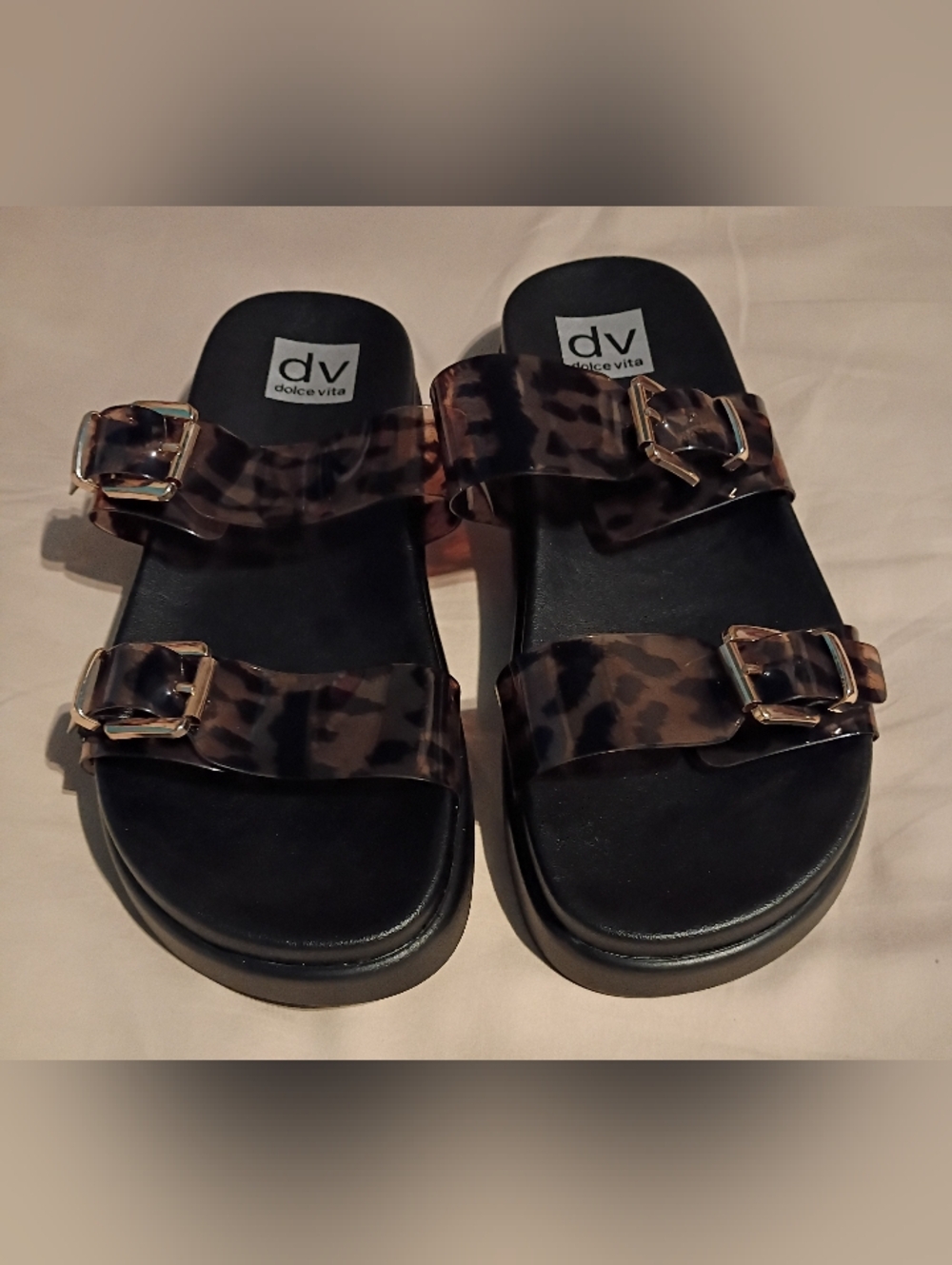 DV Dolce Vita Ubar Black & Leopard Clear Double-Buckle Slide Sandals -  Women 10 - Picture 7 of 7